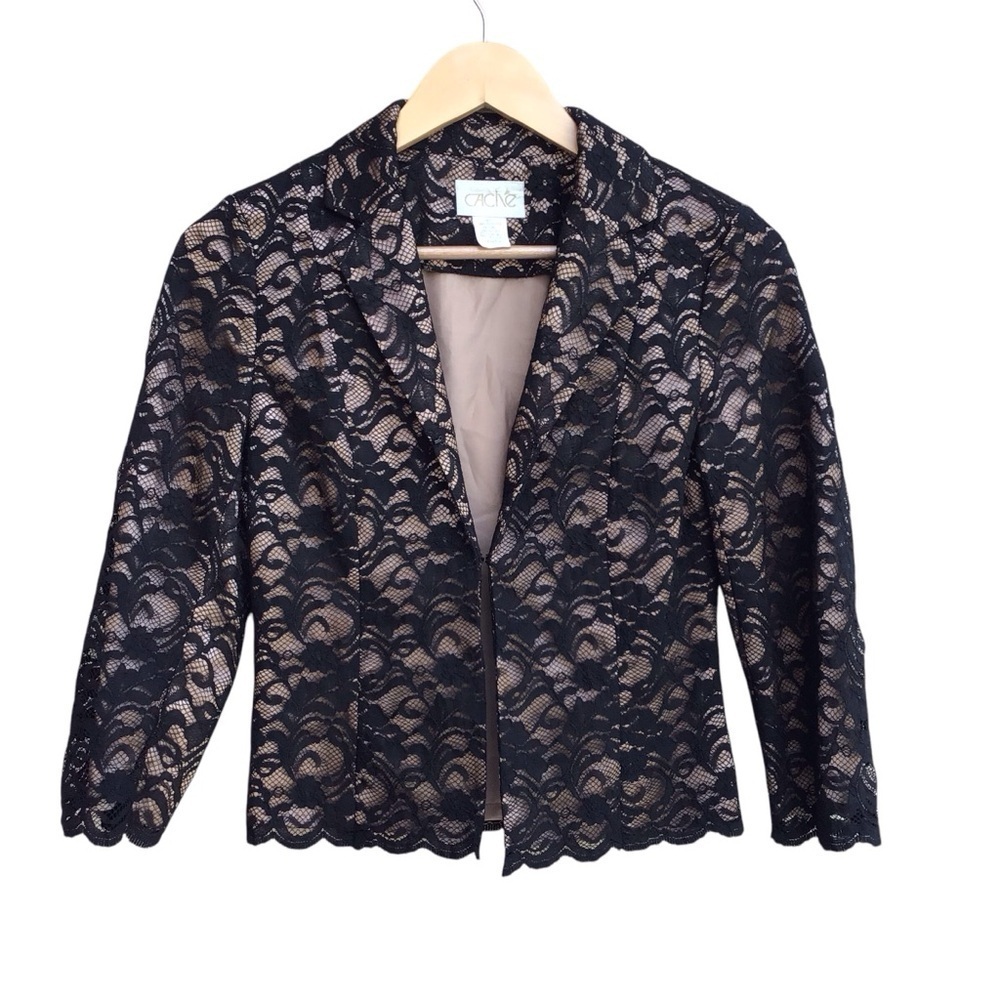 Cache Black Lace Nude Cropped Blazer Jacket Women’s Size 2